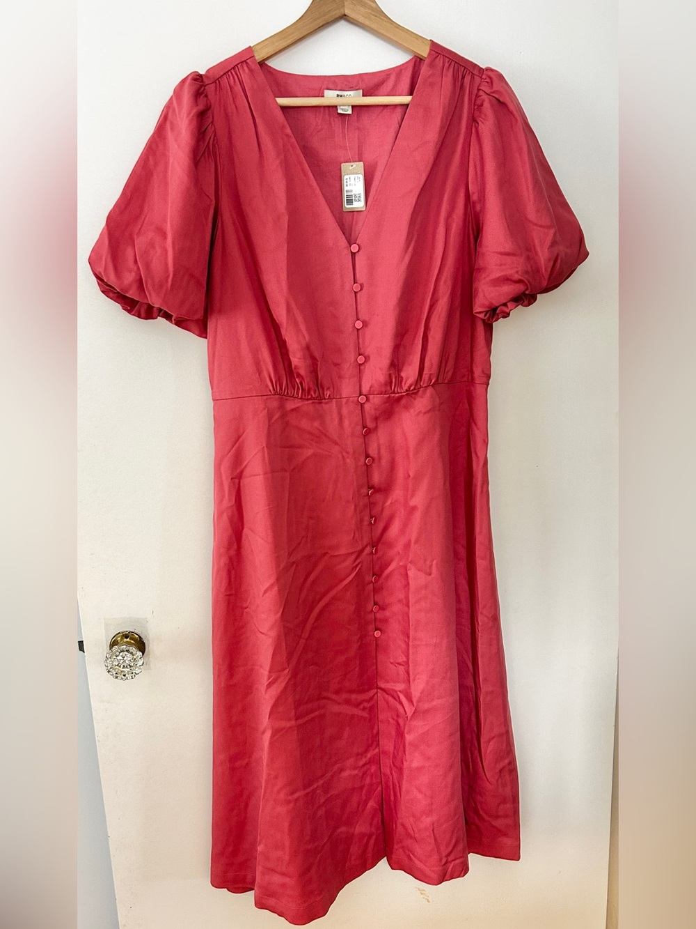RW&CO‎ NWT Pink Button-Front Midi Dress Puff Sleeve Large Feminine Romantic